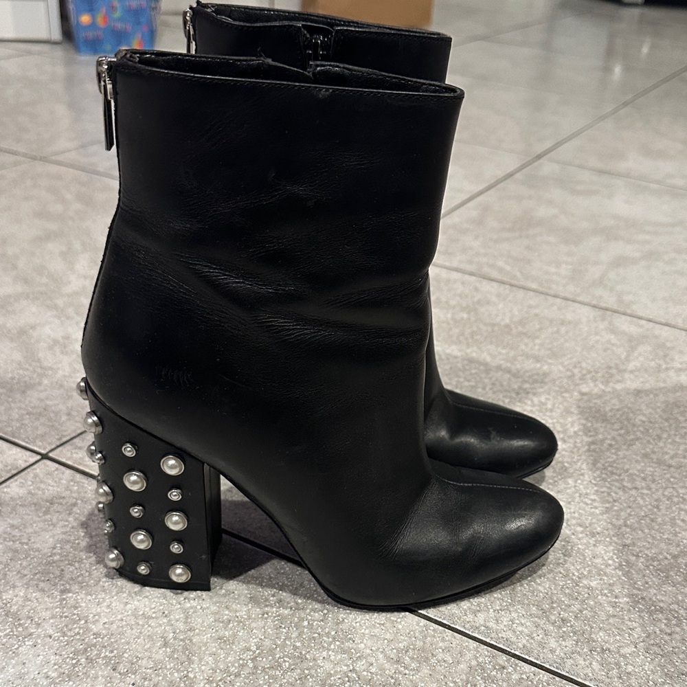 Ivanka Trump Black Heeled Boots with Pearl Accents